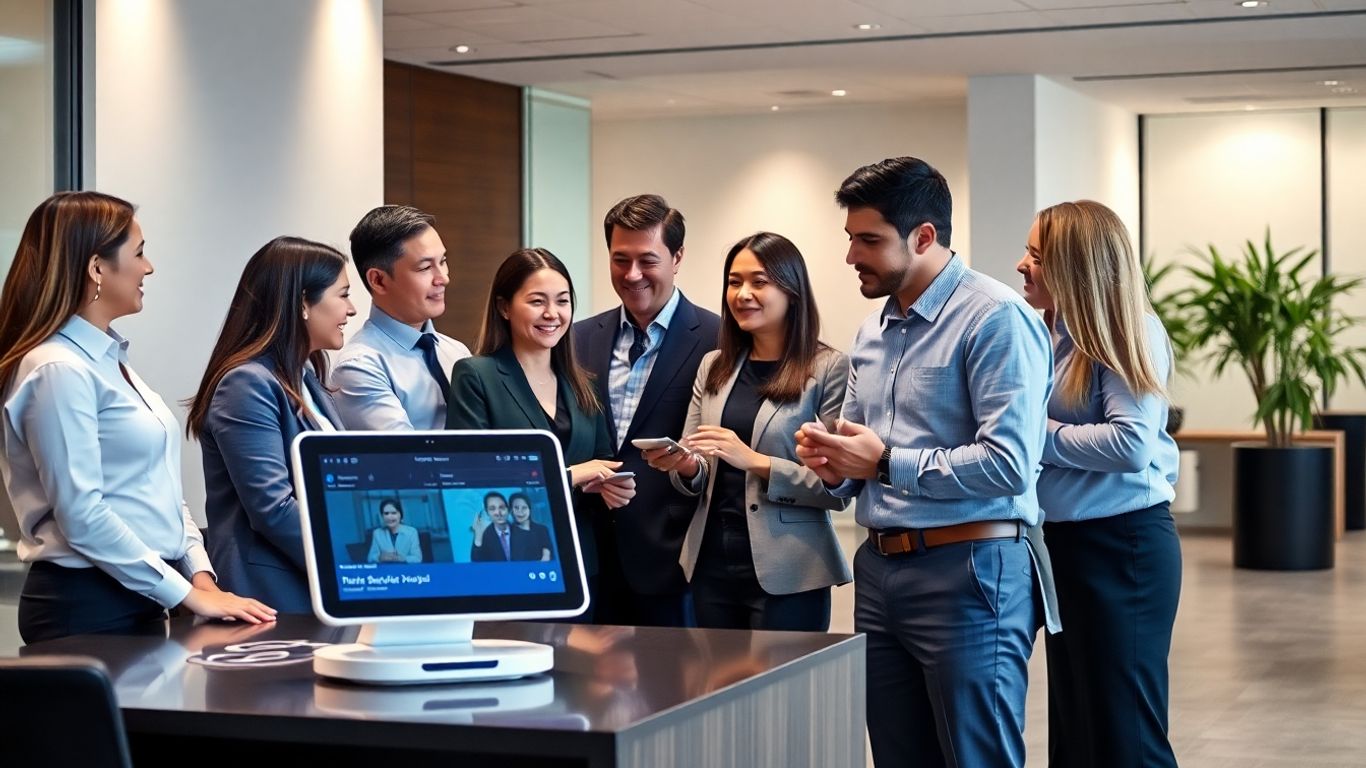 Receptionists interacting with AI voice assistant at modern desk