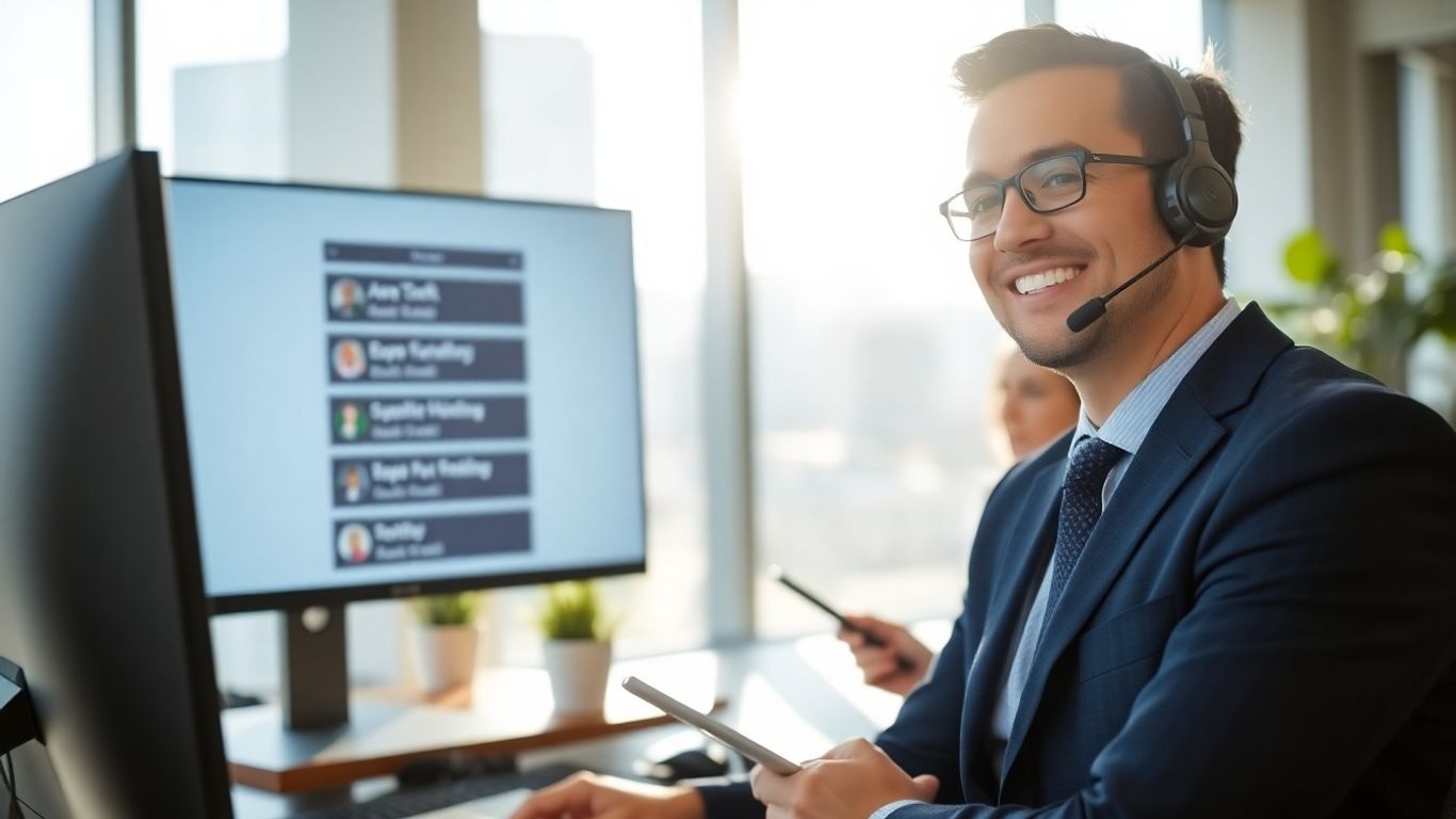 Business professional with headset in modern office environment.
