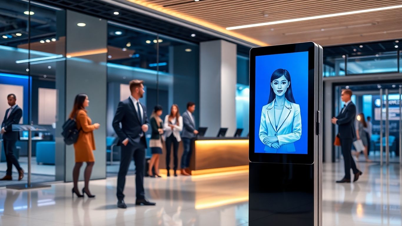 Virtual receptionist on touchscreen greets professionals in office lobby.