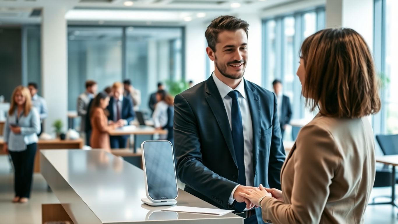 Businessperson using AI voice assistant at office reception