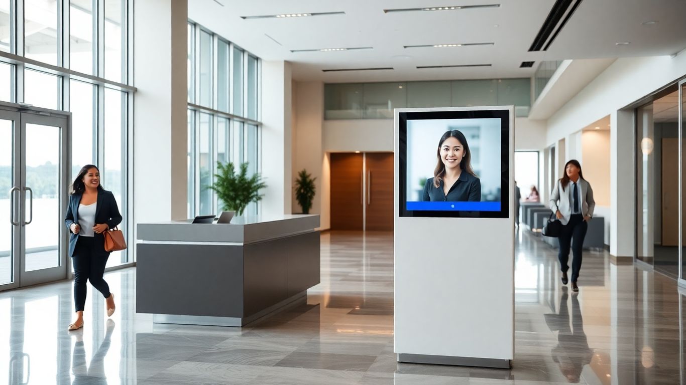 Modern office lobby with virtual receptionist touchscreen kiosk.
