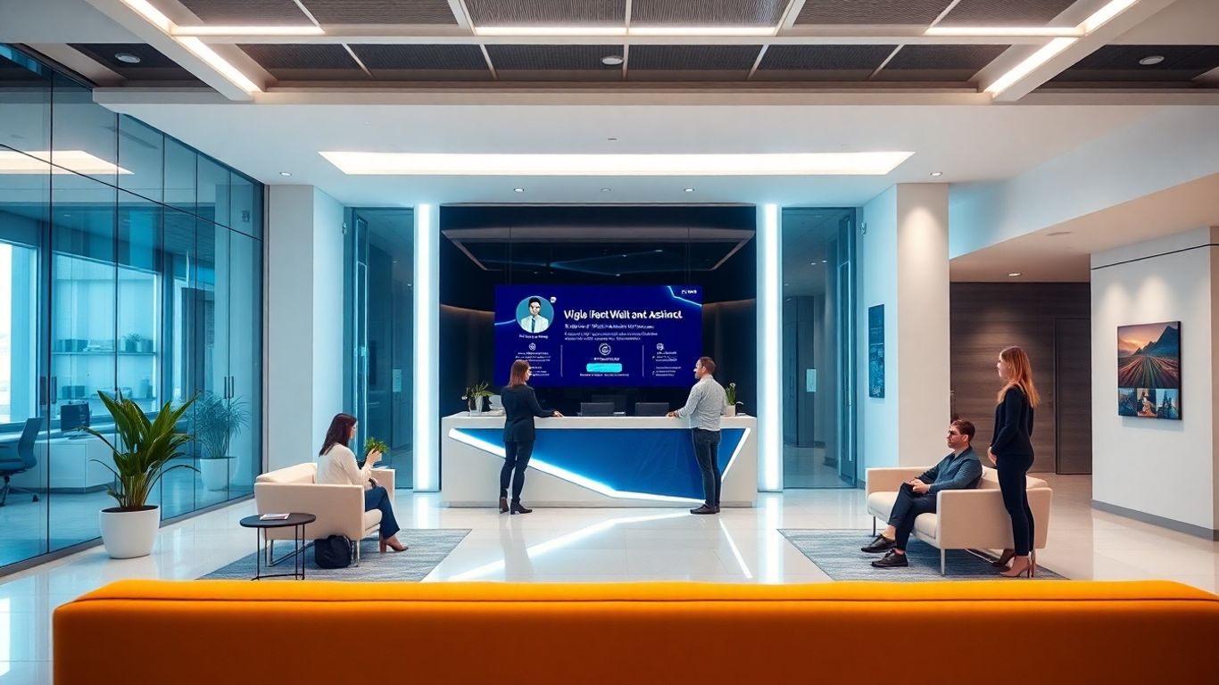 People interacting with virtual receptionist in a modern office lobby