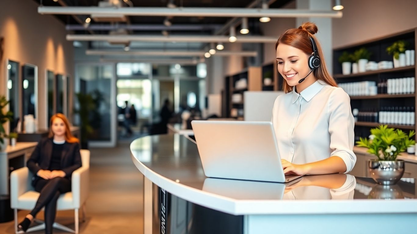 Salon receptionist with headset helps client at reception desk