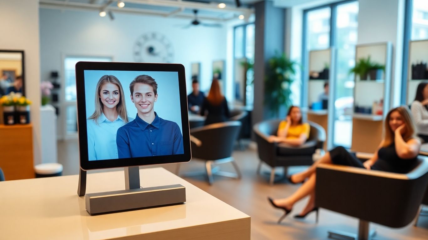 Tablet with virtual receptionist at busy modern hair salon
