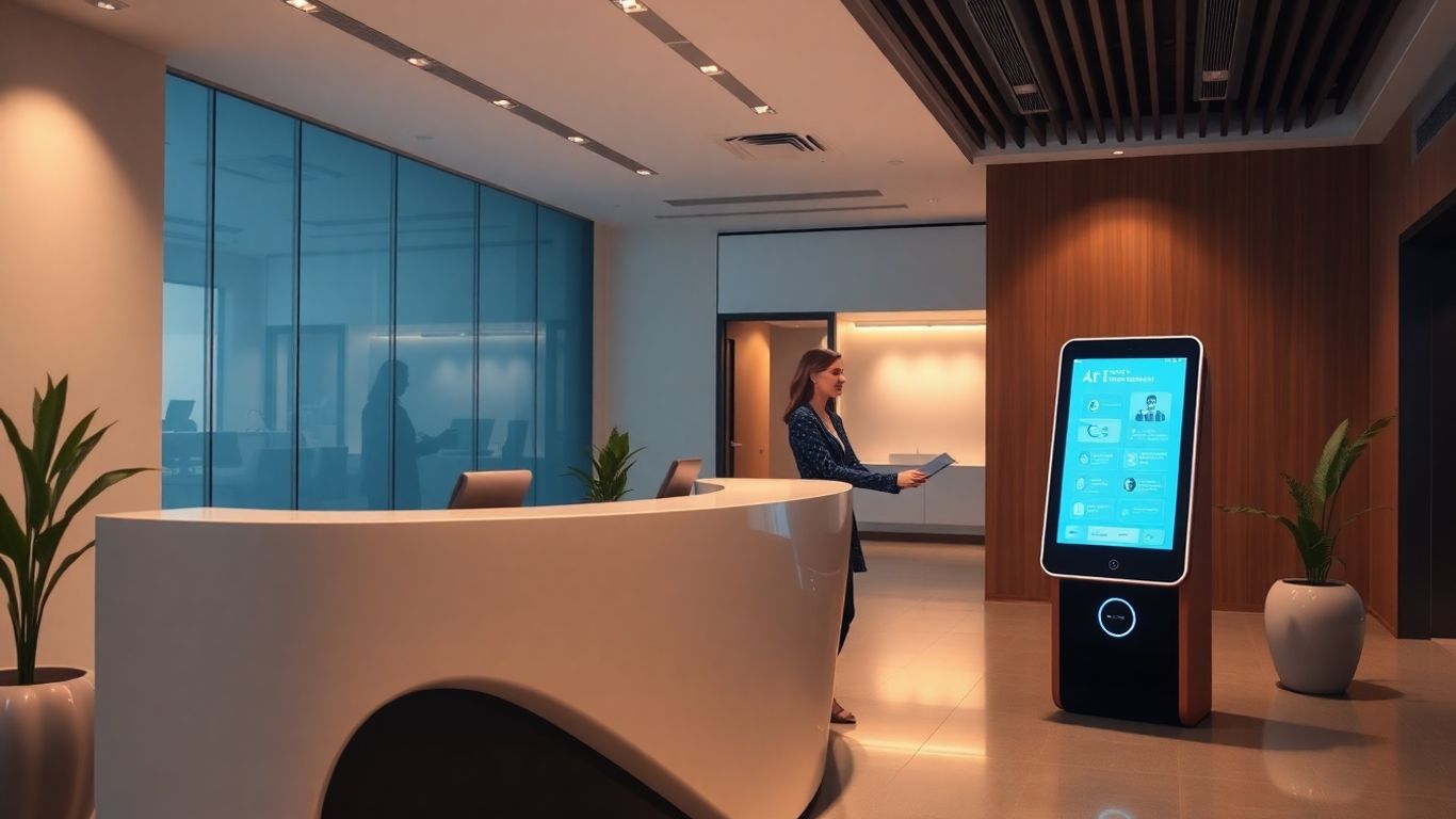 AI receptionist helping visitor at modern office reception area.