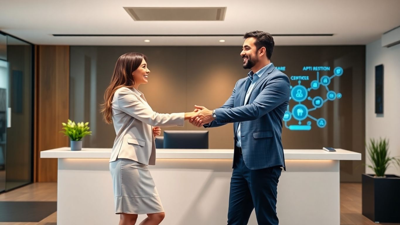 Two professionals shaking hands at a modern office reception.