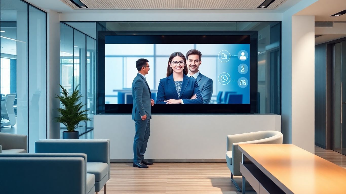 AI receptionist on screen assisting visitor at office desk