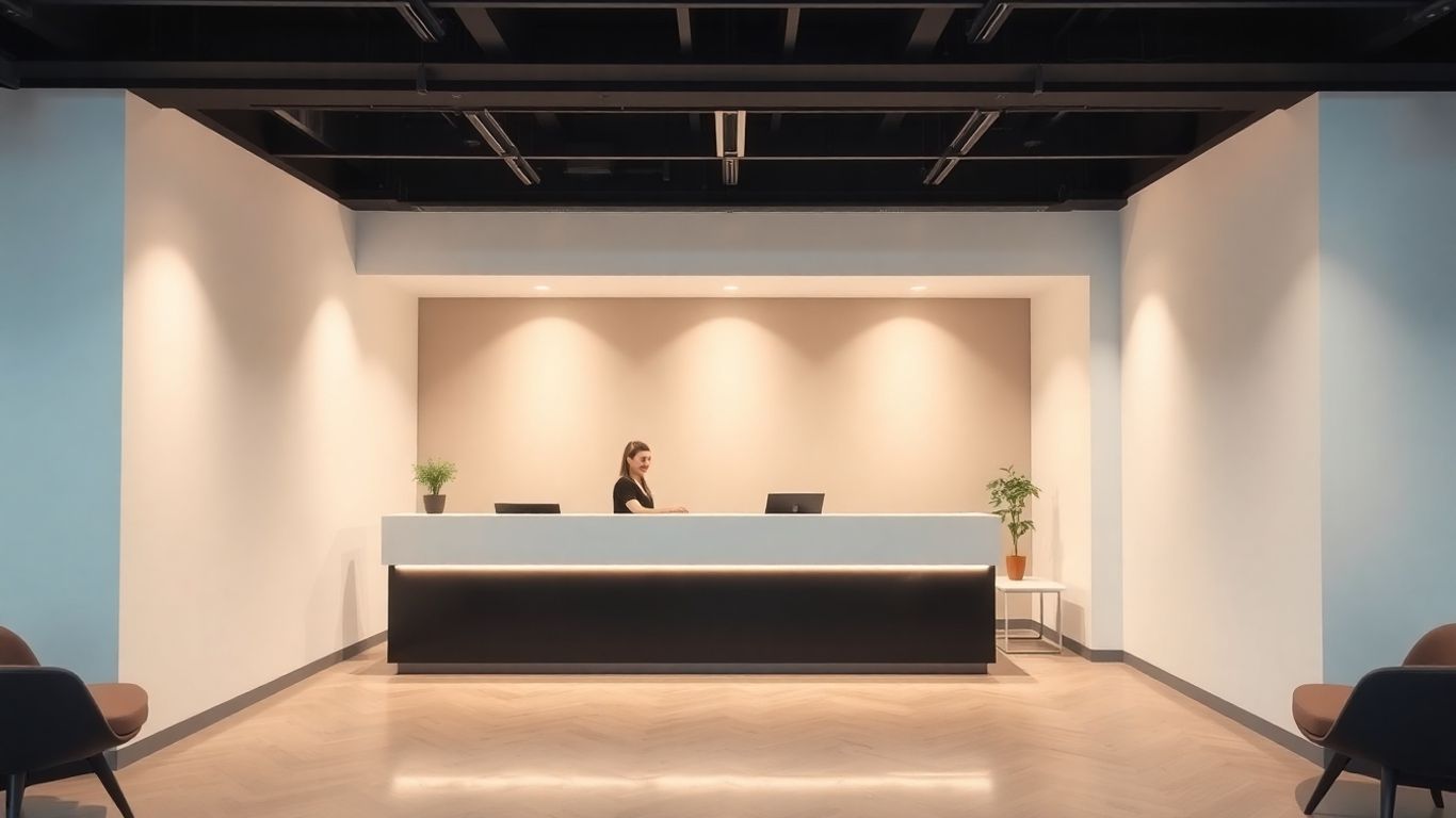 Business receptionist handling a call at a desk.
