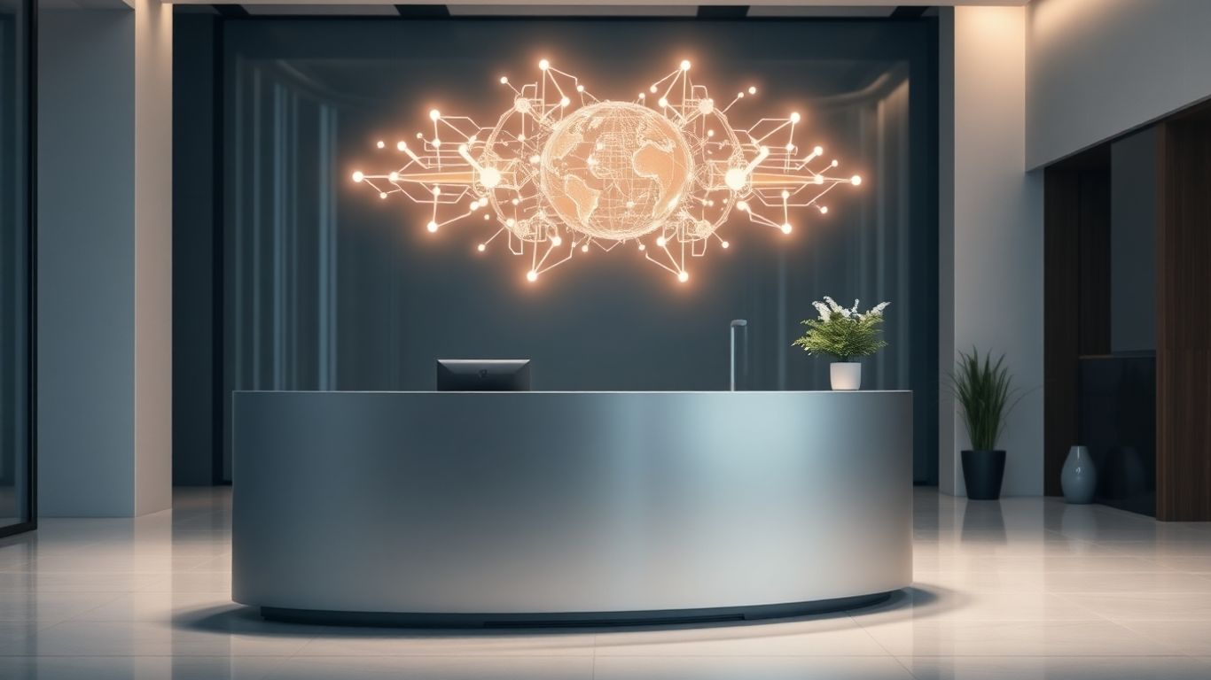 AI receptionist interface above a desk