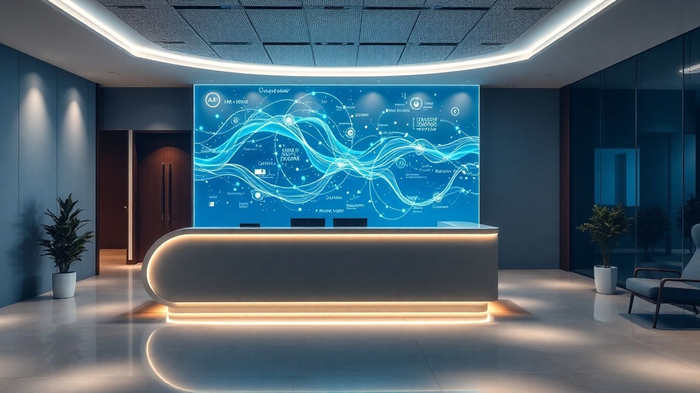 Futuristic office reception with holographic interface