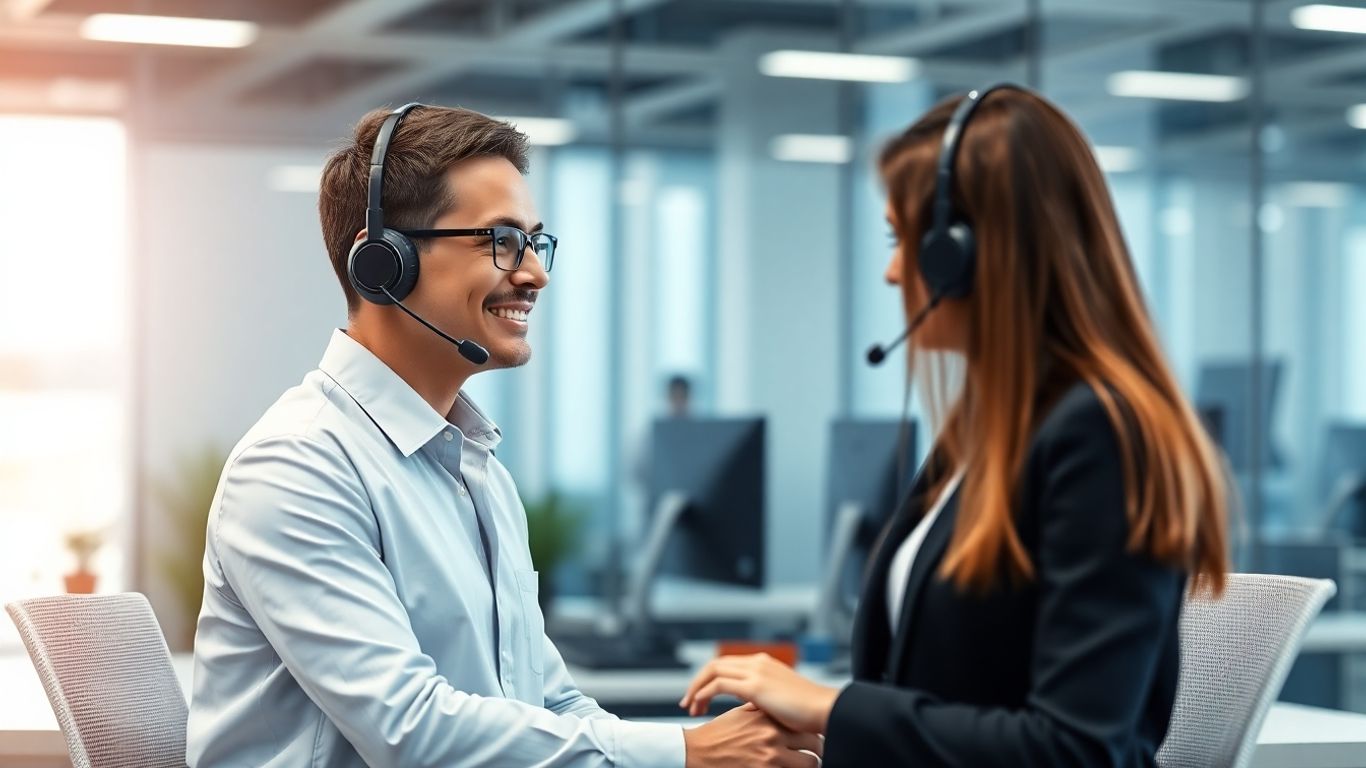 AI receptionist avatar assisting a caller in a modern office.