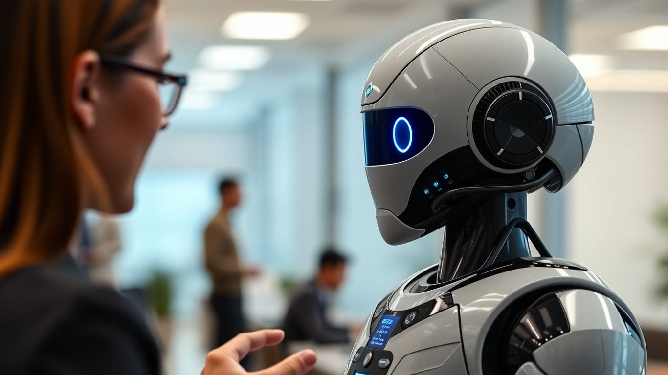 Robot receptionist assisting a customer.