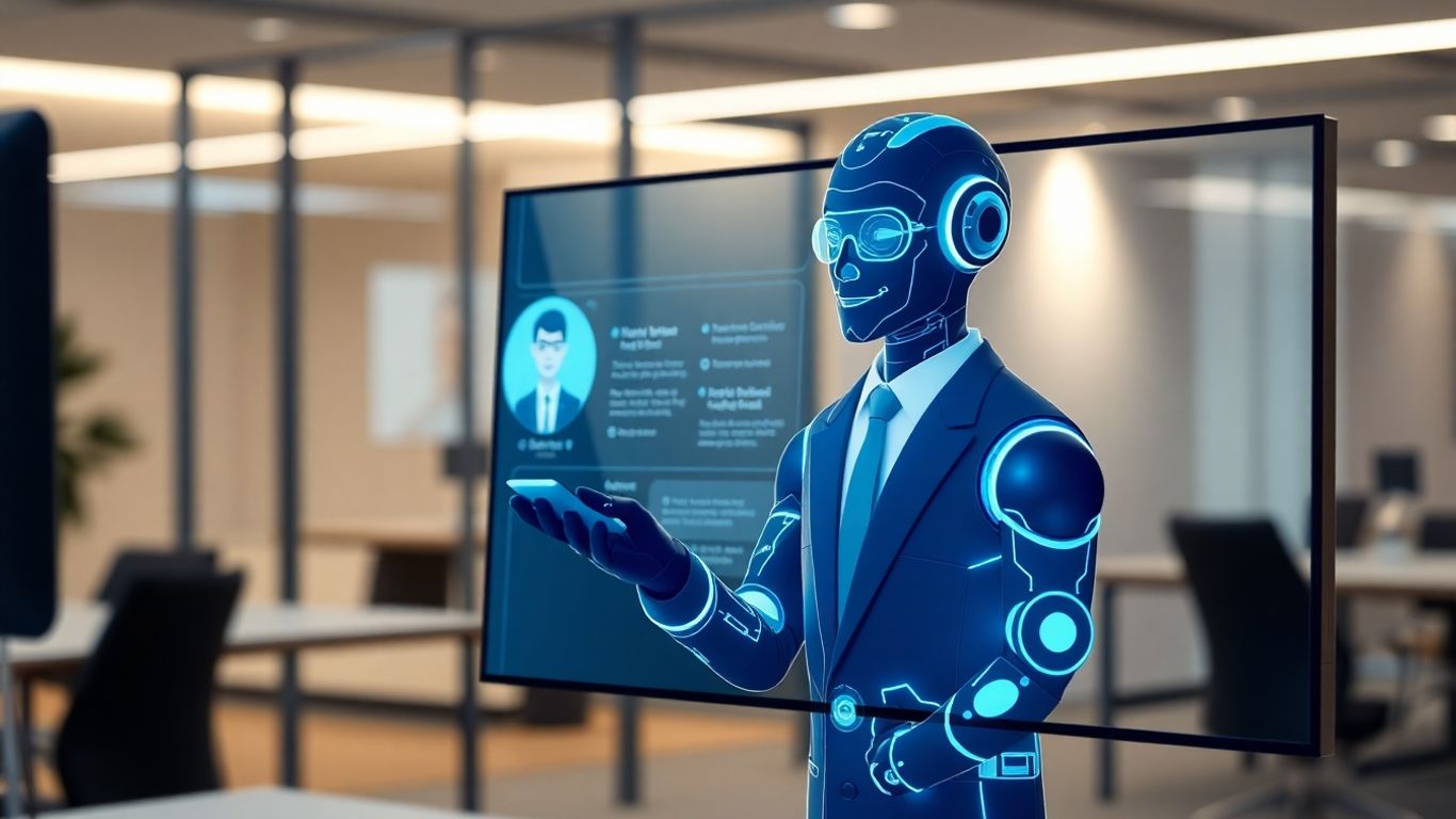 AI avatar interacting with client profile on screen