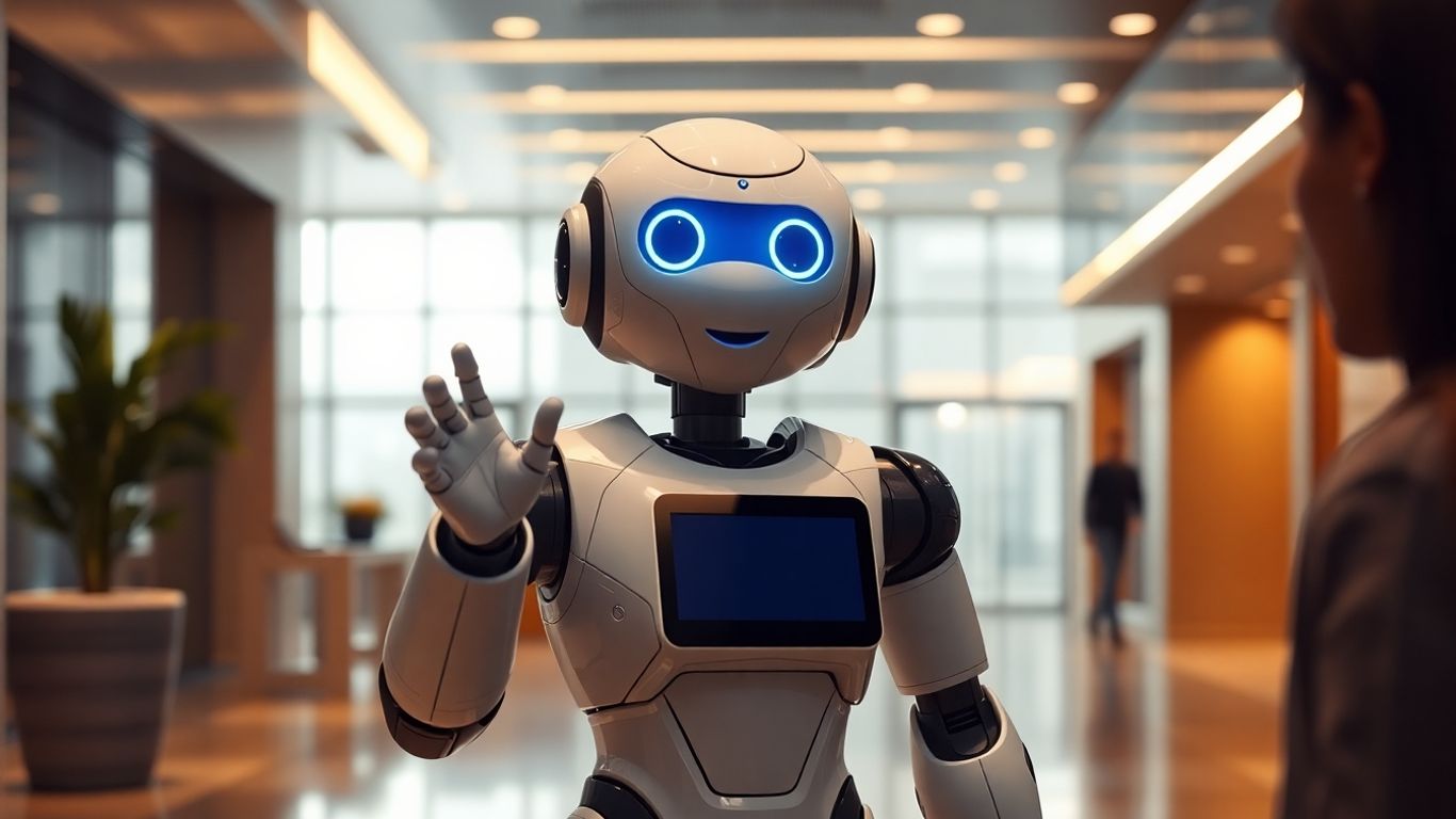 AI receptionist greeting a client in an office