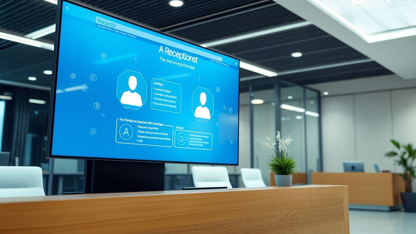 AI receptionist interface in a modern office.