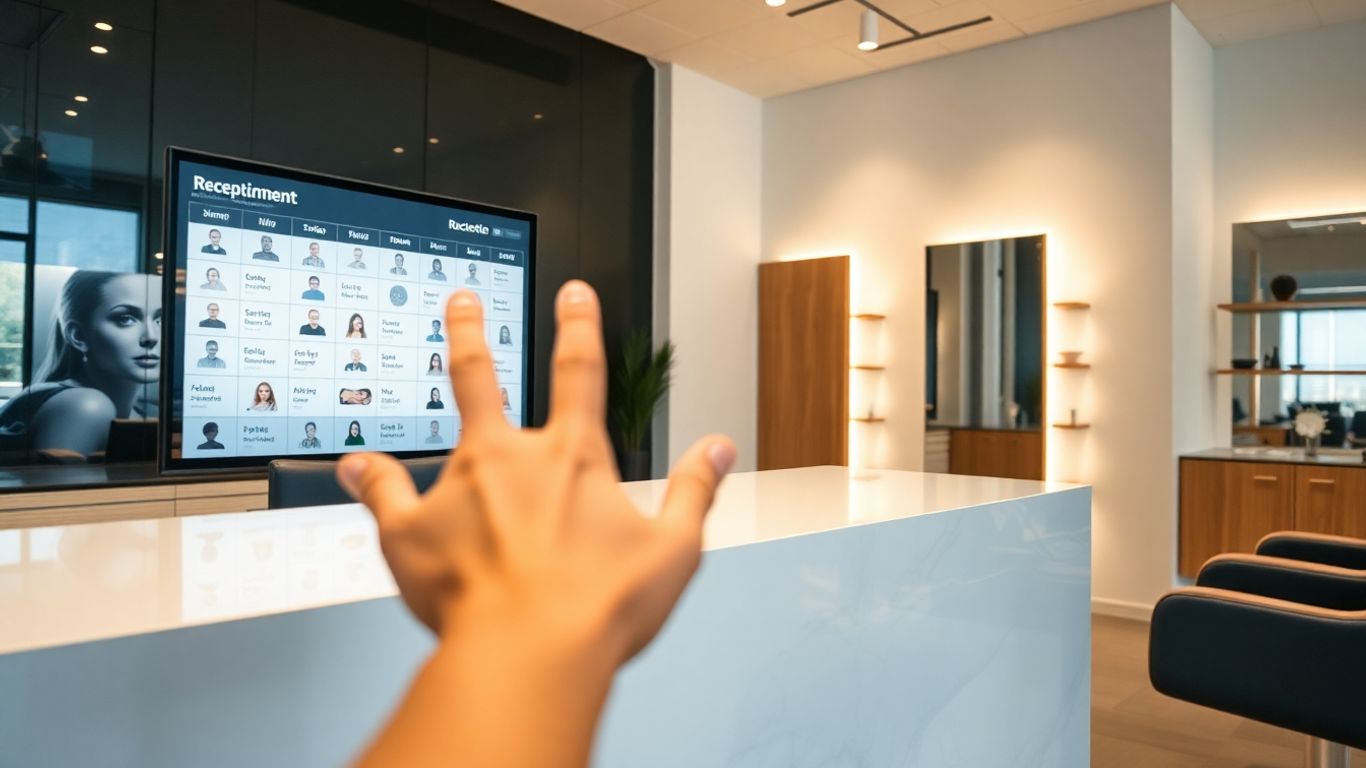 Salon reception desk with digital booking interface
