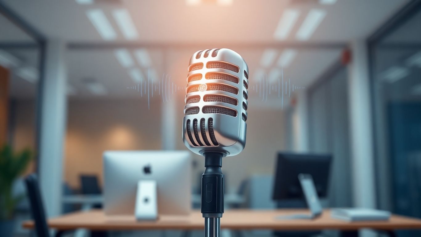AI voice microphone with digital waveforms