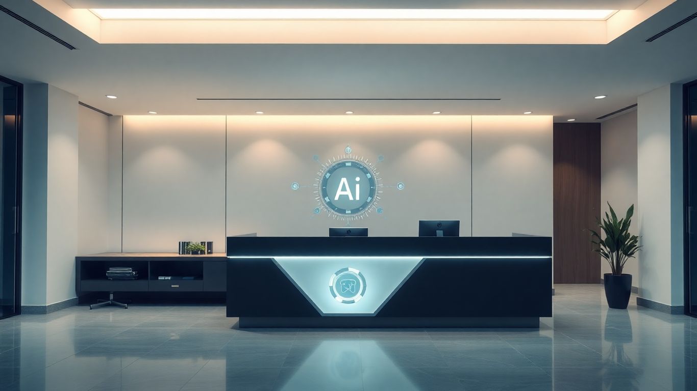 AI interface at a modern office reception desk.