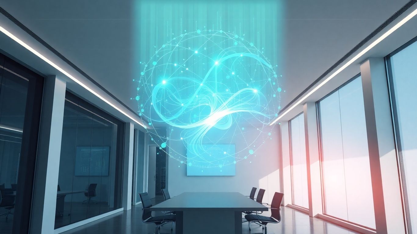 Holographic AI interface in a modern office.