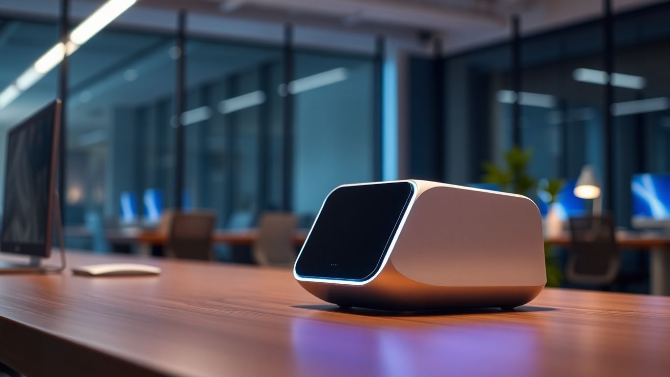 Futuristic AI device in a modern office.