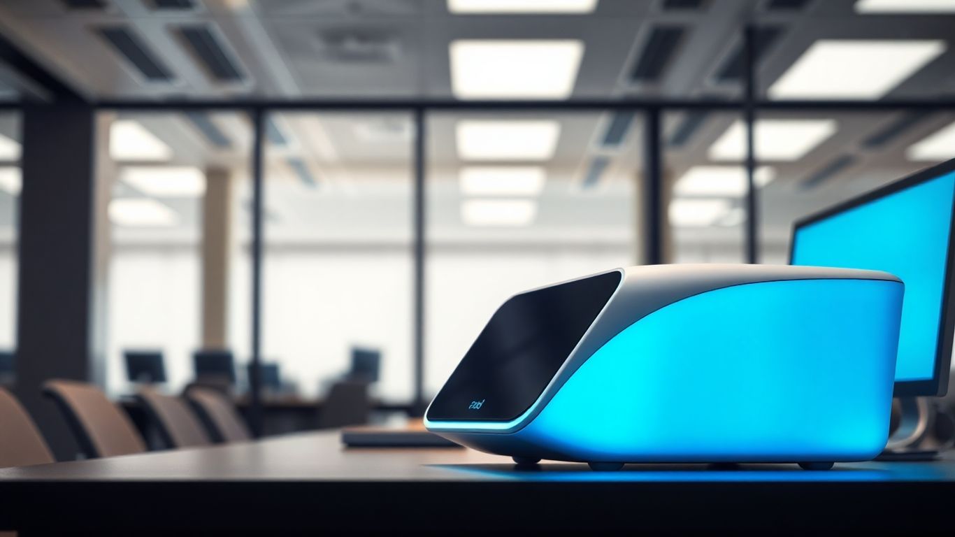 Futuristic AI receptionist device in an office.