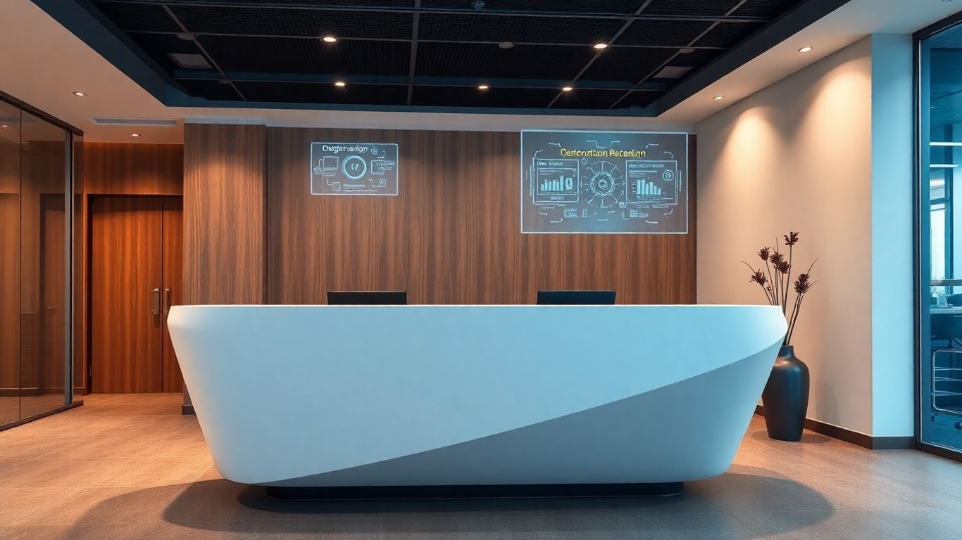 Futuristic reception desk with glowing digital interface.
