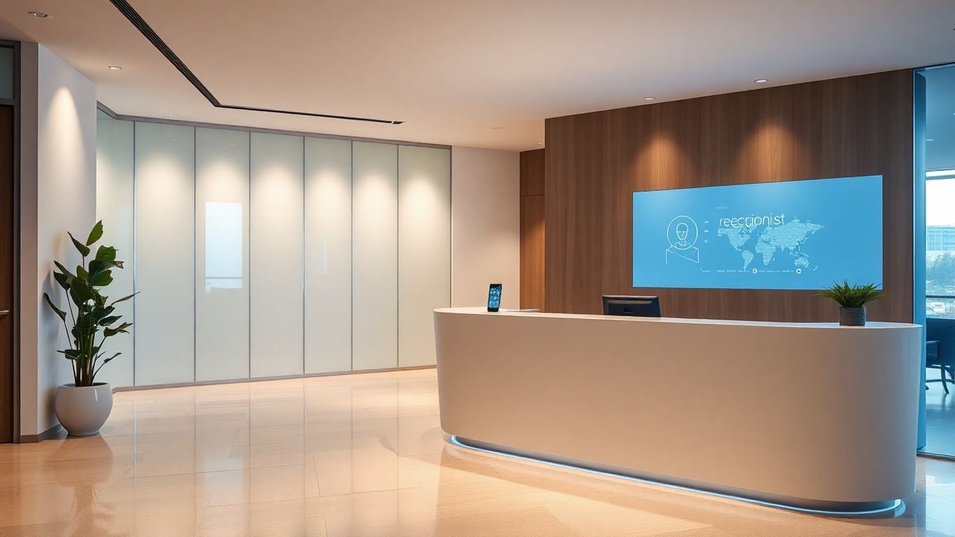 Futuristic AI receptionist interface in a modern office.