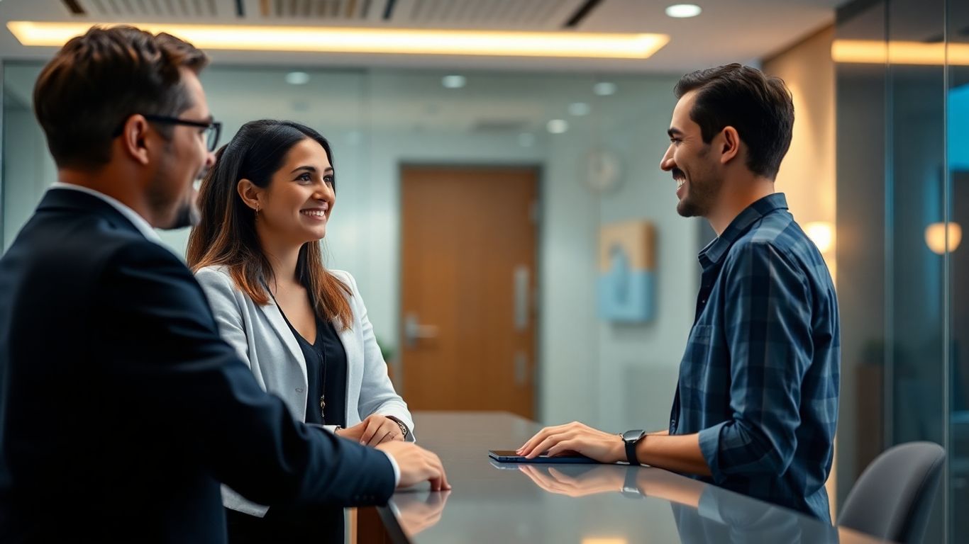 Professional receptionist assisting a client in a modern office.