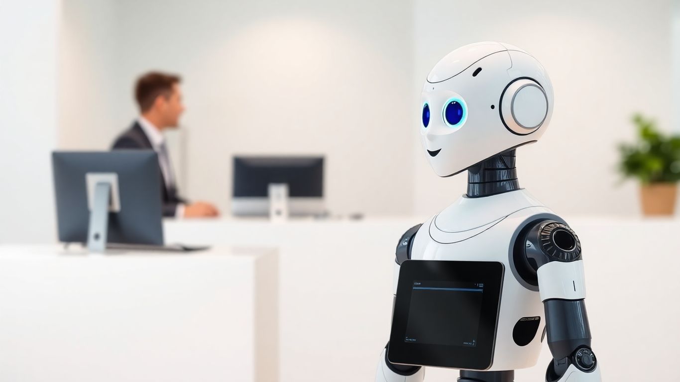 AI receptionist robot at a modern office desk.