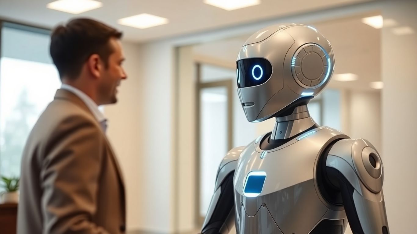 AI receptionist in a modern office lobby