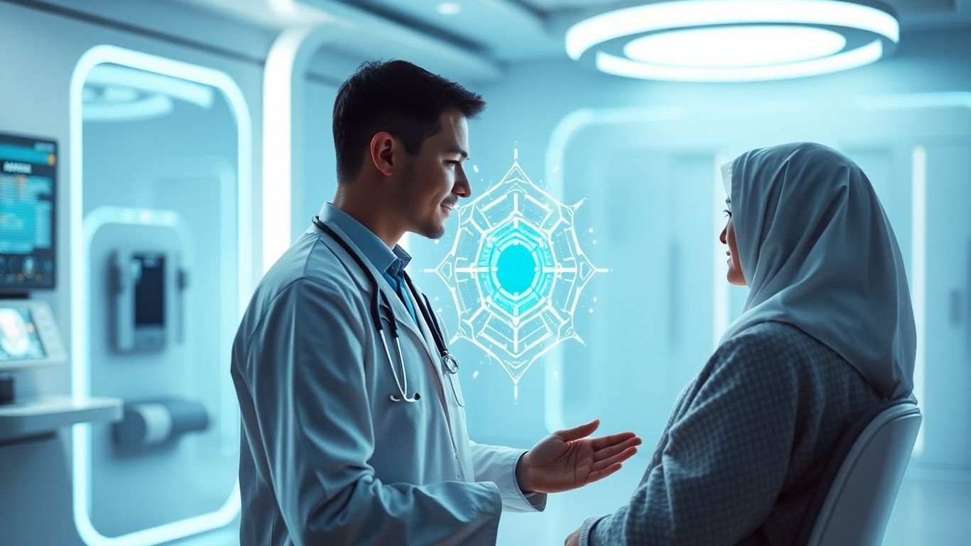 AI assisting doctor and patient in a medical setting.