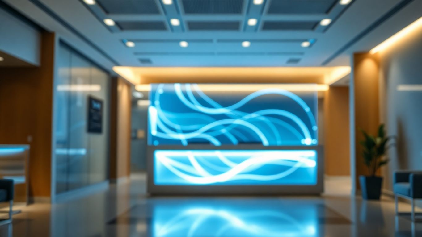 AI virtual receptionist interface glowing in an office.