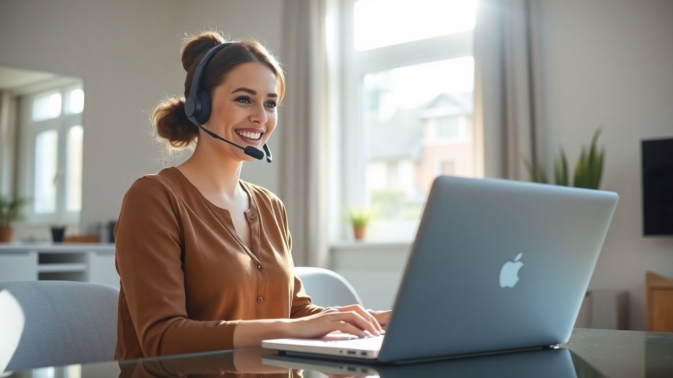 Woman working from home with headset and laptop.
