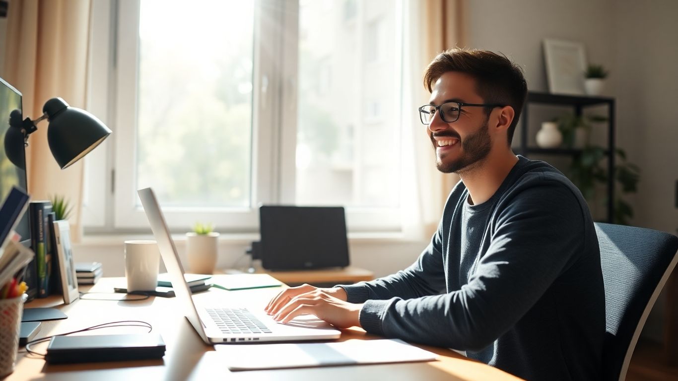 Person working on laptop at home desk.