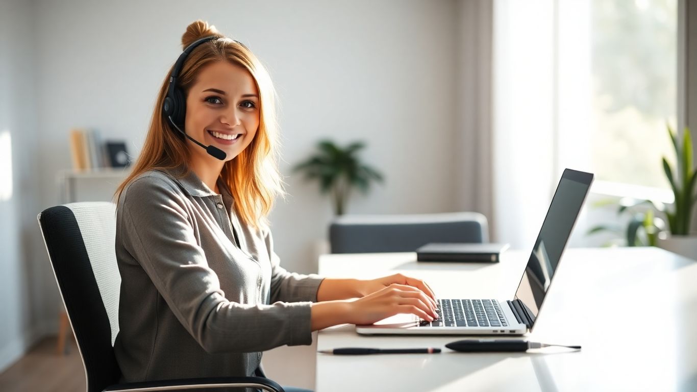 Woman working from home with headset and laptop.