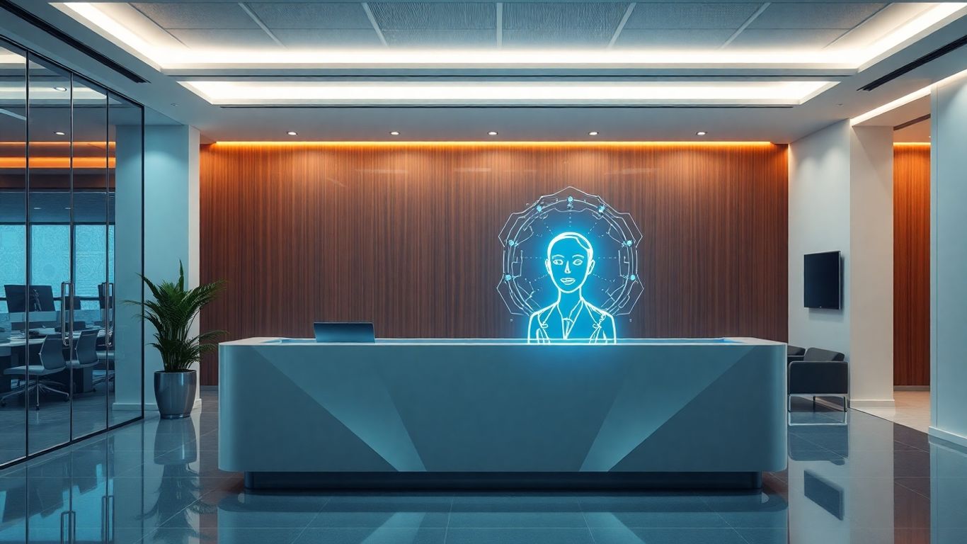 AI virtual receptionist interface on a screen.