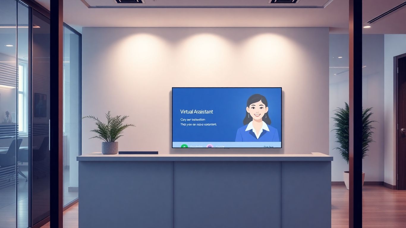 Virtual receptionist interface on a modern screen.