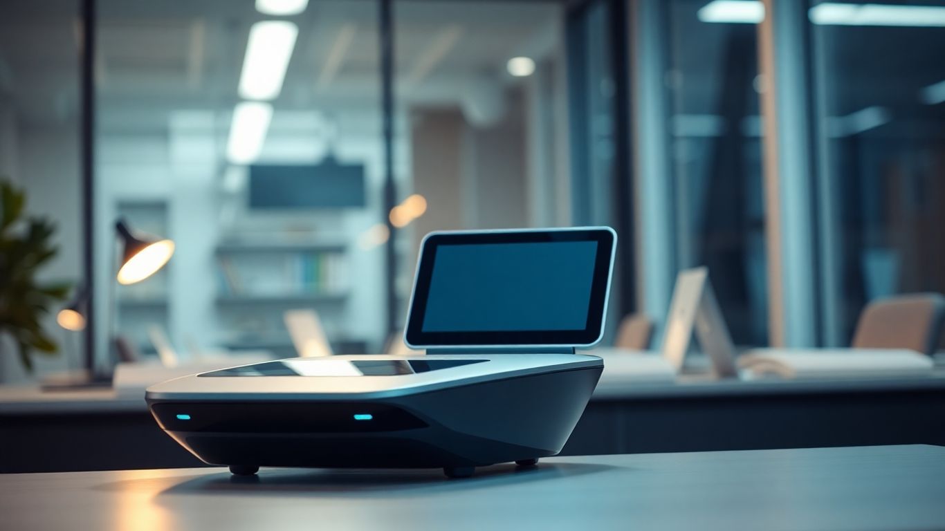 Futuristic AI voicemail receptionist device in an office.