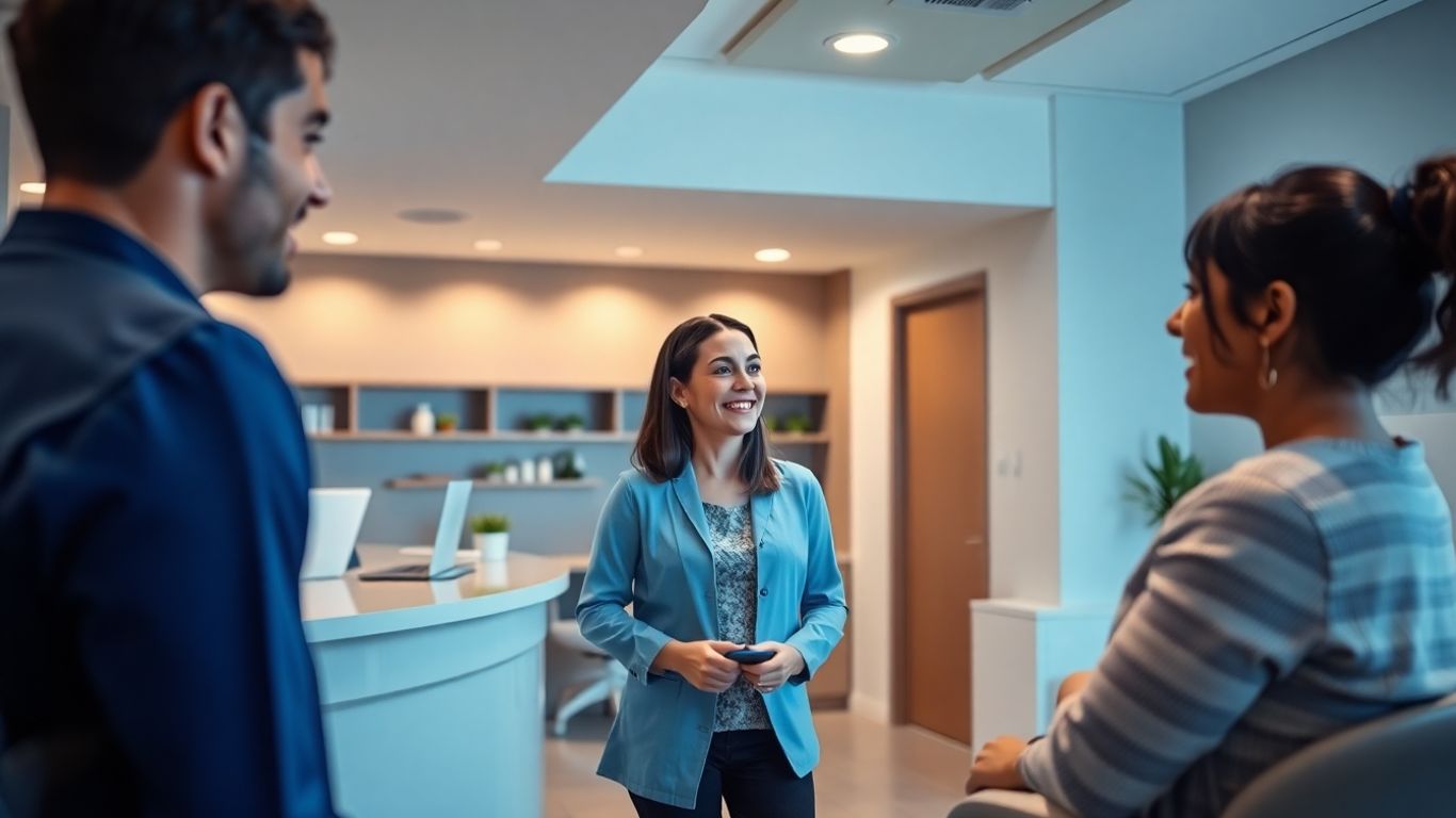 Dental office reception with staff and patient
