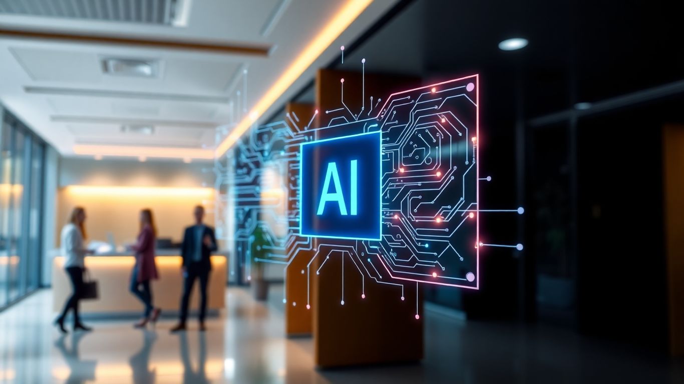 AI interface connecting to a busy office reception