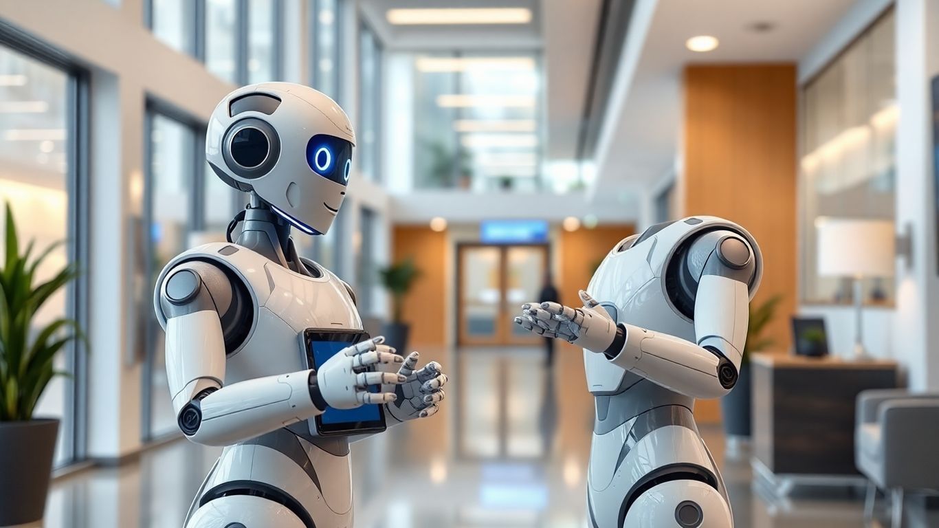 AI robot assisting in a modern office lobby.
