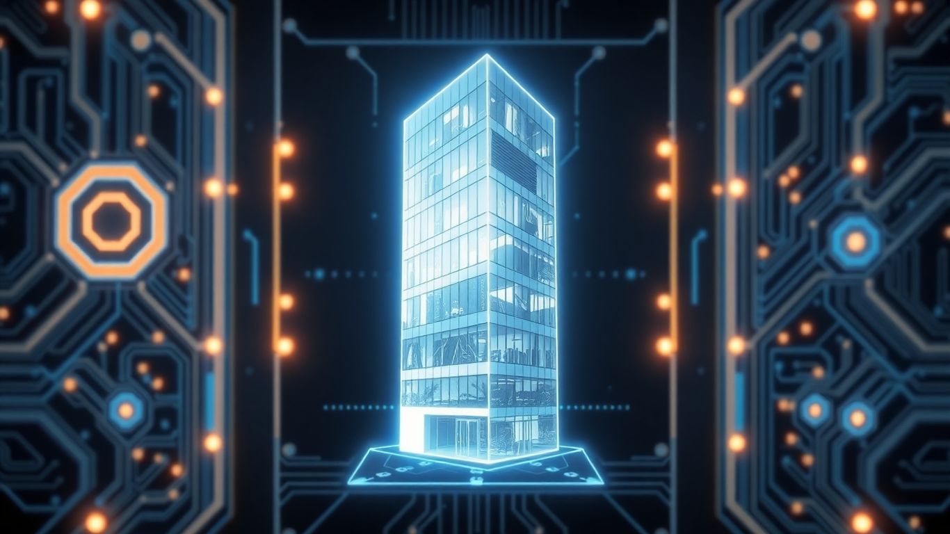 AI interface projecting office building hologram
