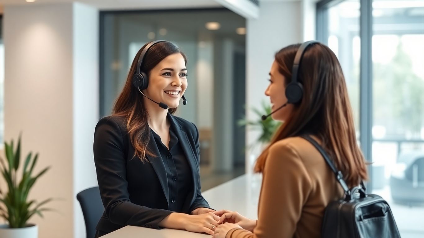 Receptionist using headset for business communication