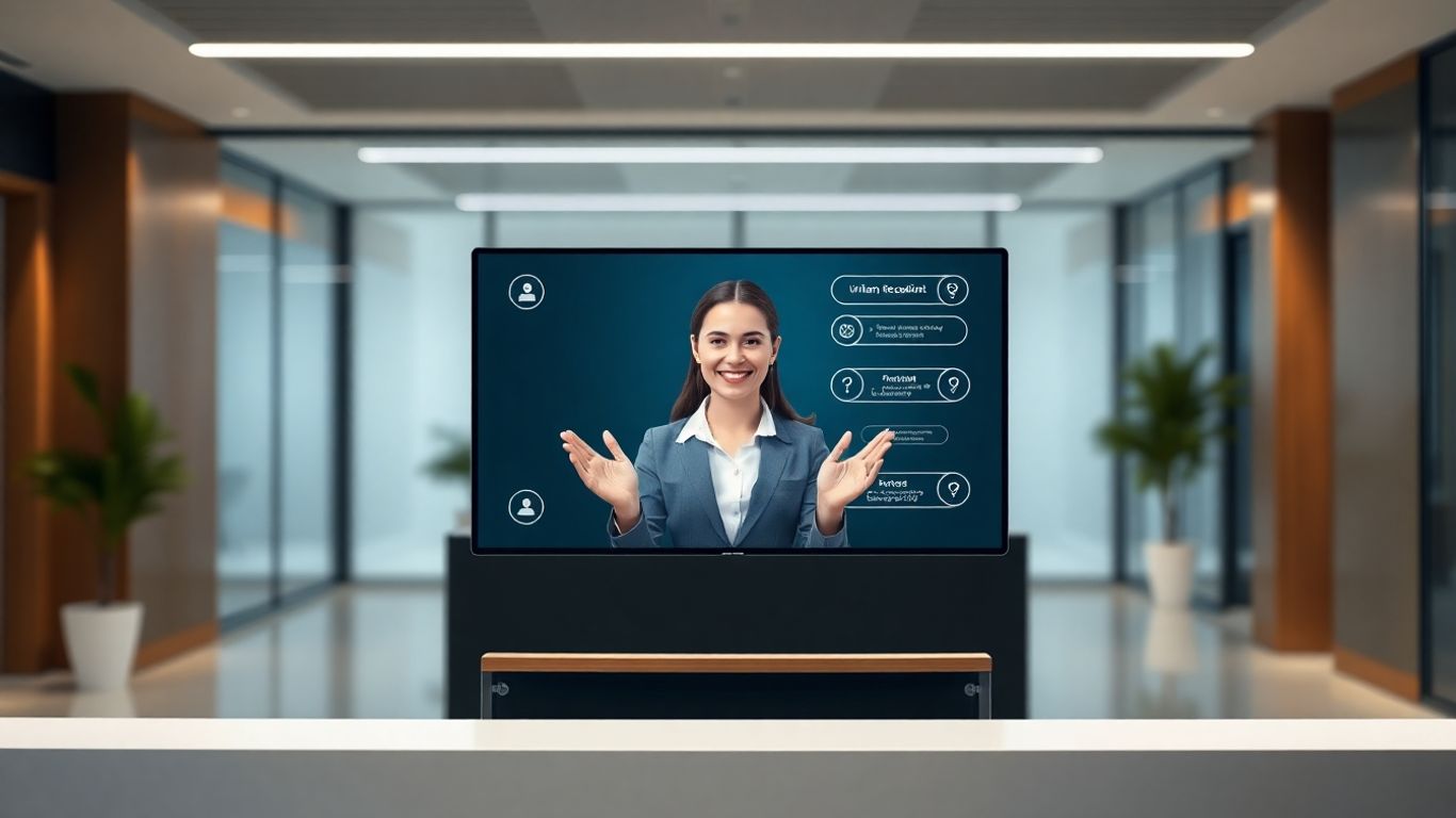 Virtual receptionist avatar on a screen in an office.