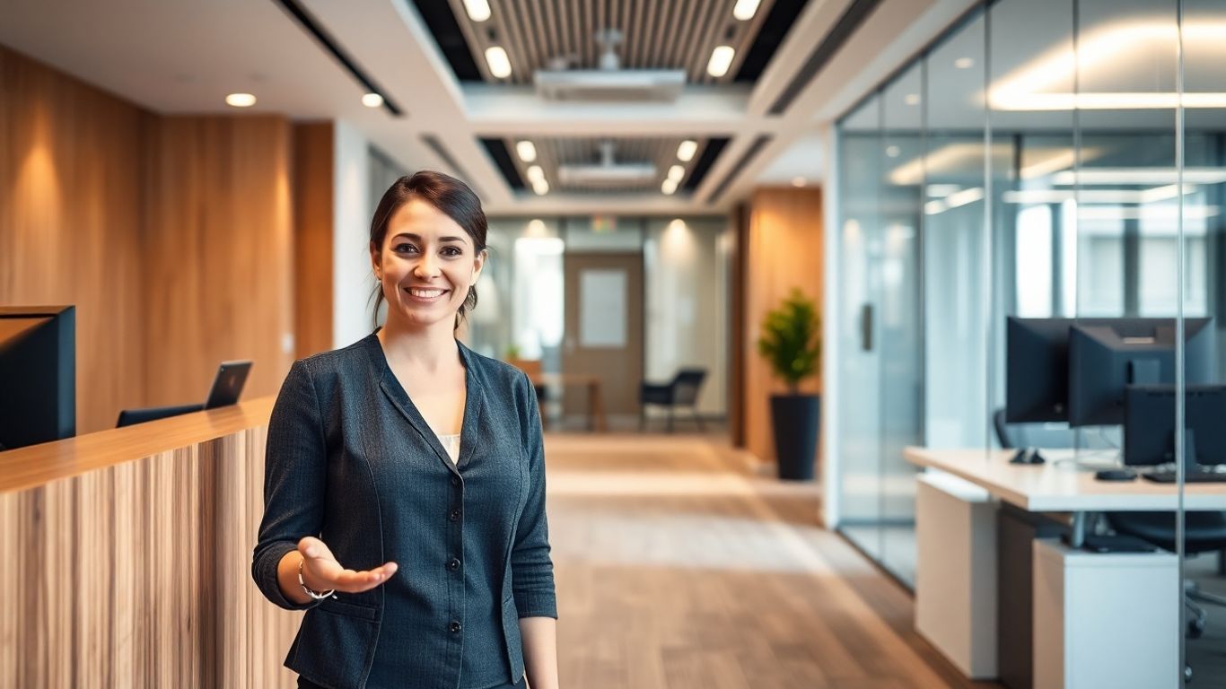 Business receptionist assisting a client at a desk.