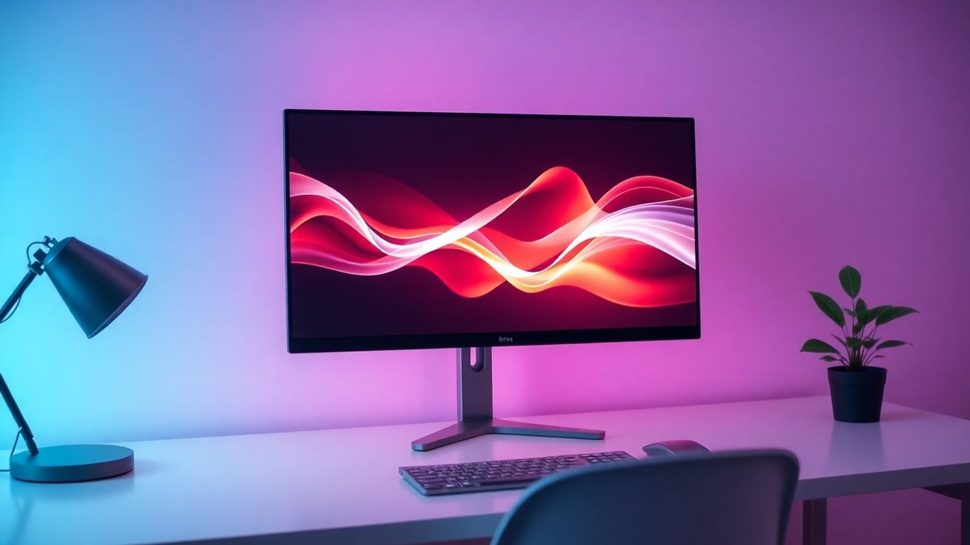 Modern desk with digital patterns on screen