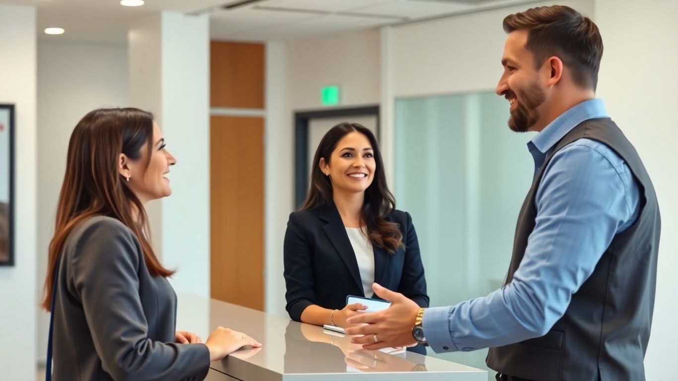 Professional receptionist assisting a client at a desk.