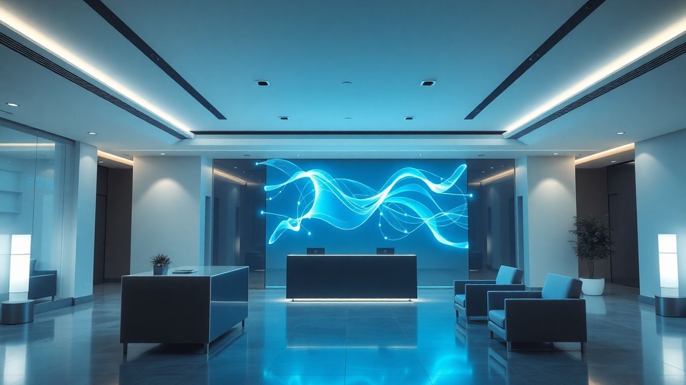 Futuristic AI receptionist interface in an office.