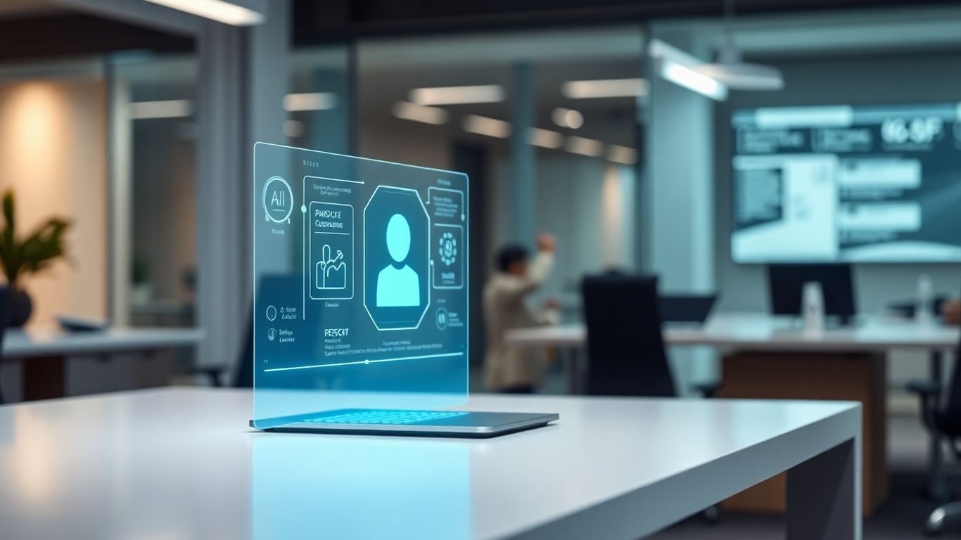 Holographic AI assistant at a desk