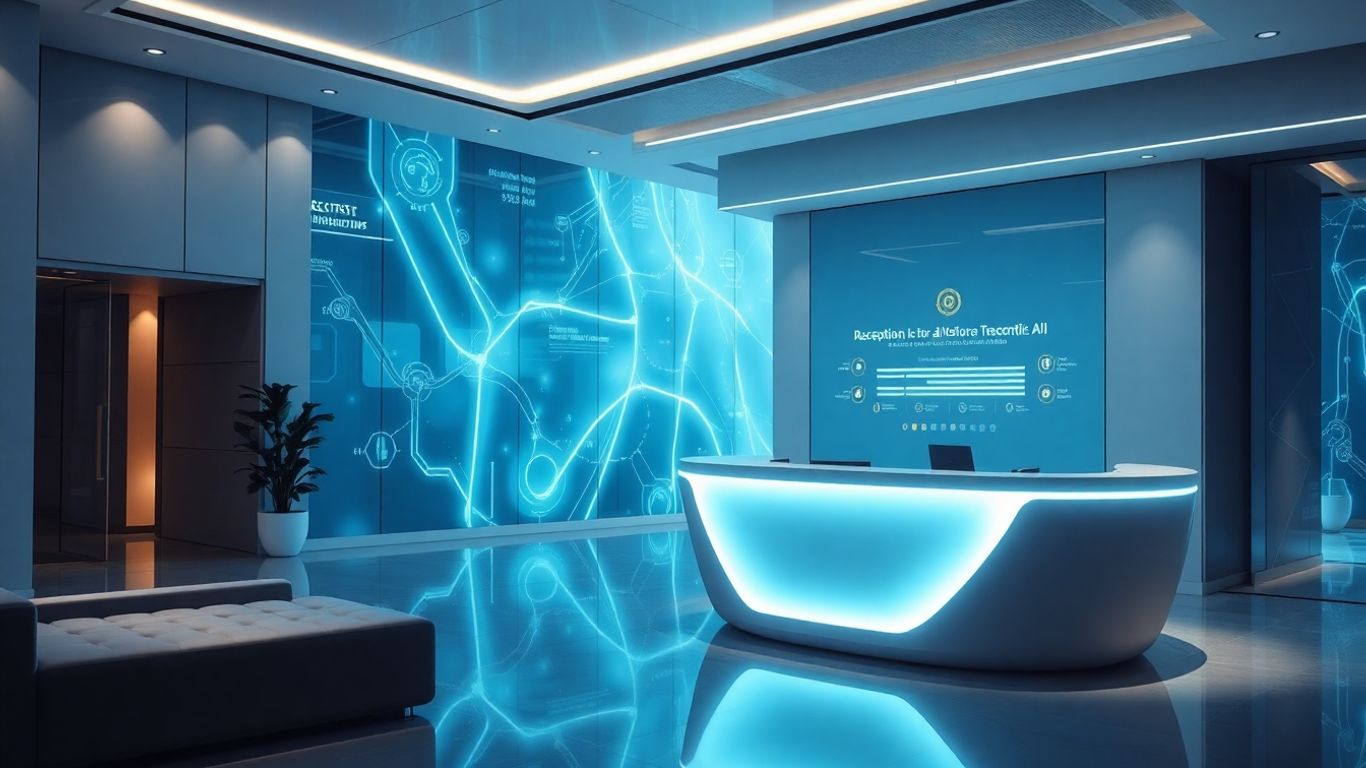 Futuristic AI receptionist interface in an office lobby.